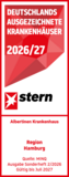 Text-Bild-Logo Deutschlands ausgezeichnete Krankenhäuser 2026/2027 - Region Hamburg - in rot-weißen Farben des Stern-Magazins für das Albertinen Krankenhaus in Hamburg. Text-Bild-Logo Deutschlands ausgezeichnete Krankenhäuser 2026/2027 - Region Hamburg - in rot-weißen Farben des Stern-Magazins für das Albertinen Krankenhaus in Hamburg.
