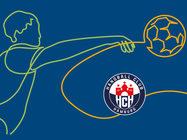 Eine Person wirft einen Handball, stilisiert als grüne und orangene Linie auf blauem Hintergrund, Logo des HCH Eine Person wirft einen Handball, stilisiert als grüne und orangene Linie auf blauem Hintergrund, Logo des HCH