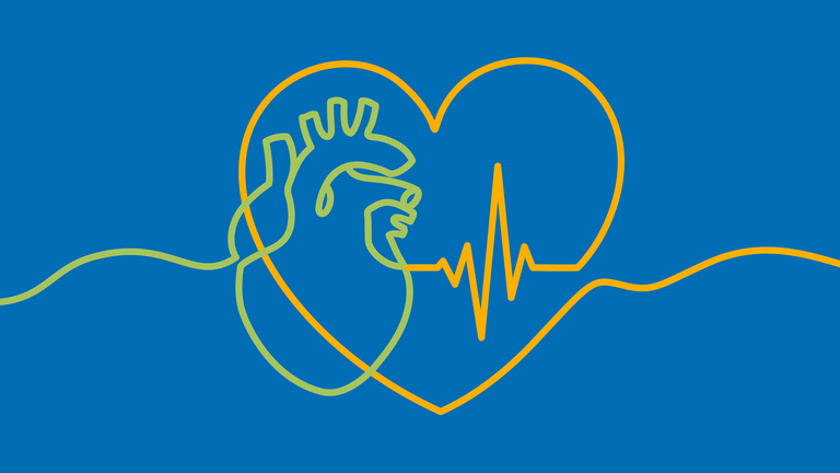 Stilisierte Herzgrafik mit EKG-Linie auf blauem Hintergrund Stilisierte Herzgrafik mit EKG-Linie auf blauem Hintergrund