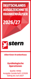Text-Bild-Logo Deutschlands ausgezeichnete Krankenhäuser 2026/2027 - Gynäkologische Operationen - in rot-weißen Farben des Stern-Magazins für das Albertinen Krankenhaus in Hamburg. Text-Bild-Logo Deutschlands ausgezeichnete Krankenhäuser 2026/2027 - Gynäkologische Operationen - in rot-weißen Farben des Stern-Magazins für das Albertinen Krankenhaus in Hamburg.