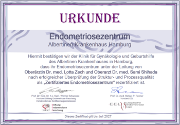 Urkunde, Zertifiziertes Endometriosezentrum, Gynäkologie und Geburtshilfe, Albertinen Krankenhaus, Hamburg-Schnelsen Urkunde, Zertifiziertes Endometriosezentrum, Gynäkologie und Geburtshilfe, Albertinen Krankenhaus, Hamburg-Schnelsen