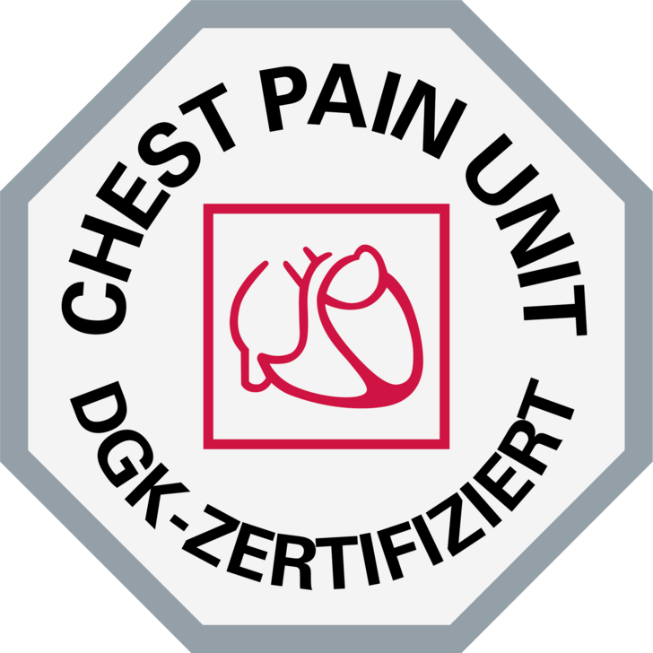 Silberfarbenes, sechseckiges Logo mit einer mittigen roten Grafik und dem Text "Chest Pain Unit - DKG-zertifiziert" Silberfarbenes, sechseckiges Logo mit einer mittigen roten Grafik und dem Text "Chest Pain Unit - DKG-zertifiziert"